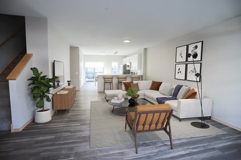 a living room with a couch and a table