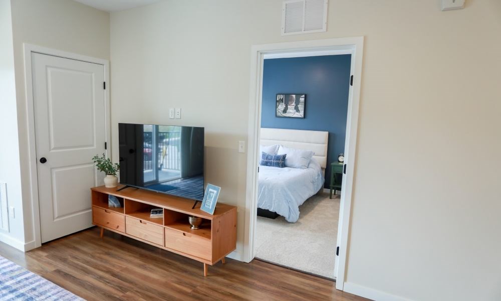 A room with a television and a bed.