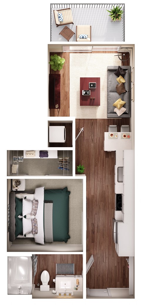a floor plan of a studio apartment with a bedroom and living room