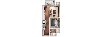 a floor plan of a studio apartment with a bedroom and living room