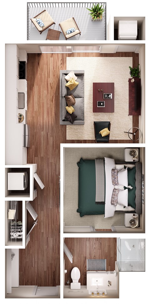 a floor plan of a studio apartment with a bedroom and living room