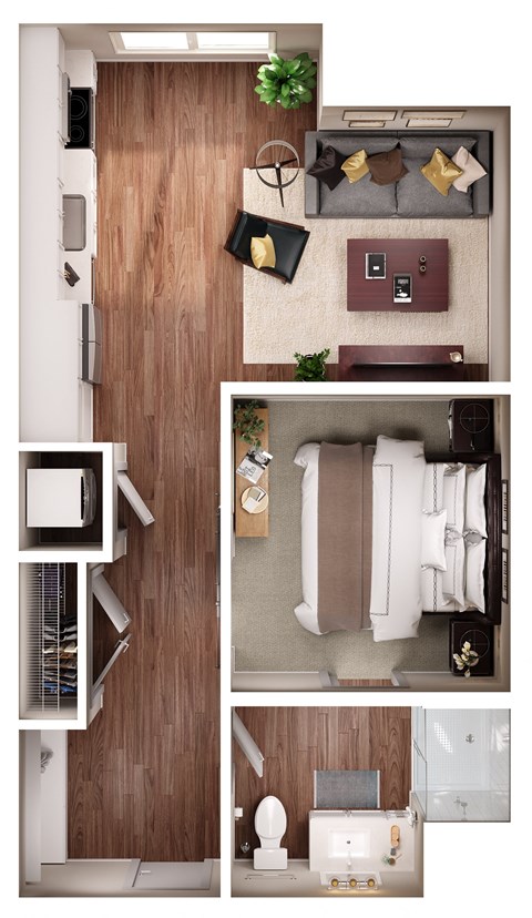 a stylized floor plan of a studio apartment