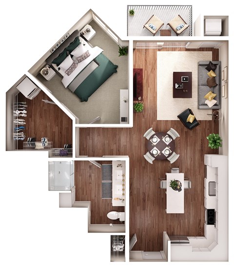 a bedroom with a bed and a chair in a small room