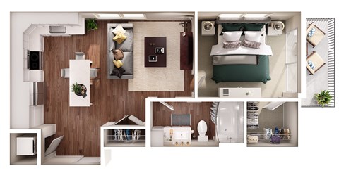 the bungalow floor plan with 1 bedroom and 1 bathroom