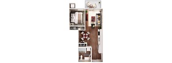 a stylized floor plan of a 1 bedroom apartment