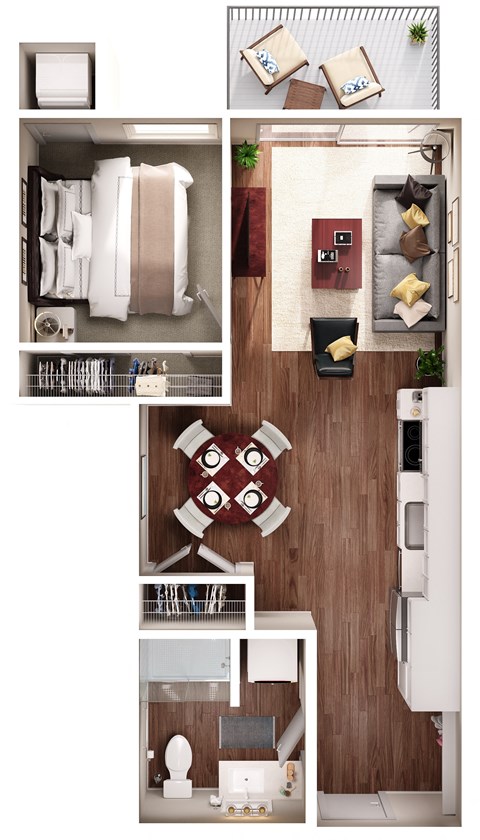 a stylized floor plan of a 1 bedroom apartment