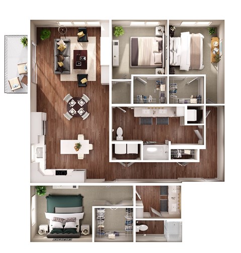 a 3d rendering of our 1 bedroom apartment at the residences at silver hill in suitland
