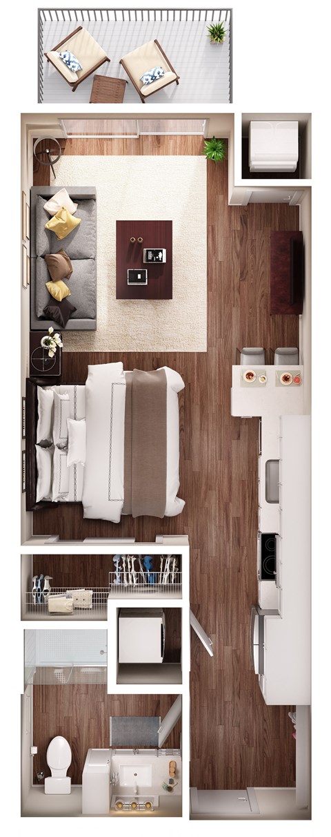 a floor plan of a studio apartment with a bedroom and living room
