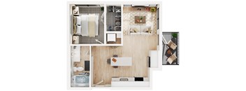 a floor plan of a studio apartment with a bedroom and living room