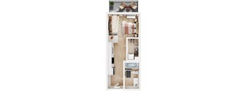 a floor plan of a studio apartment with a kitchen and living room