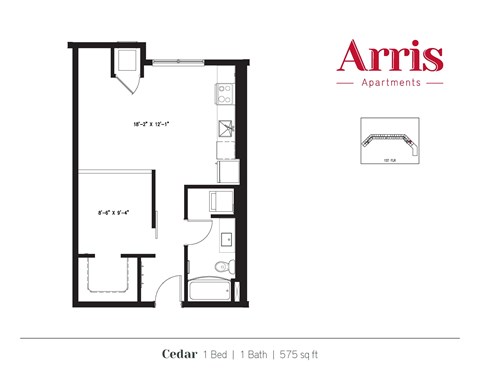 A floor plan for a 1 bedroom apartment with 1 bath and totaling 575 sq ft.