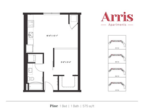 A floor plan for a 1 bedroom apartment with a bathroom and total area of 575 sq ft.
