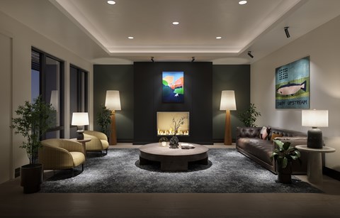 A modern living room with a large screen TV mounted on the wall.