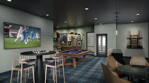 A room with a pool table and a television showing a soccer game.