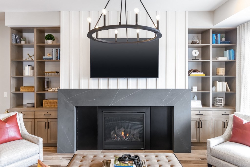 Lobby with fireplace and lounge seating