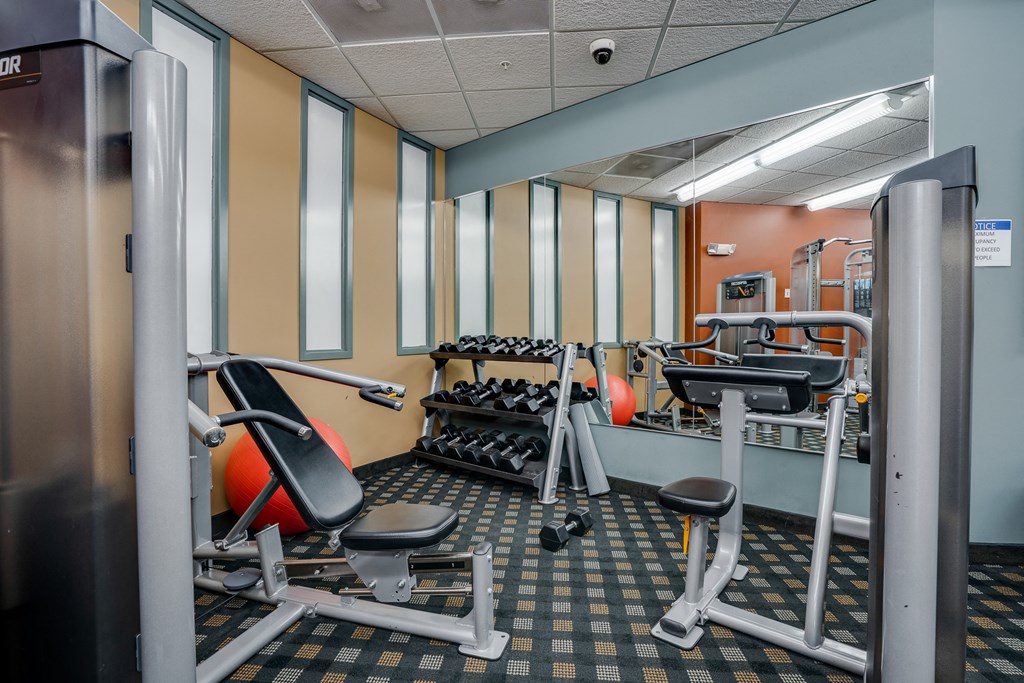 a gym with weights and other exercise equipment in a room