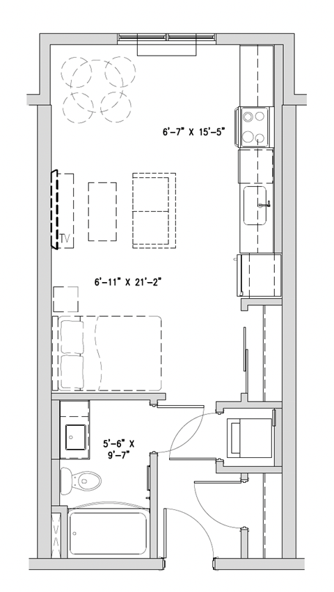 a floor plan of a small house with a bedroom and a bathroom