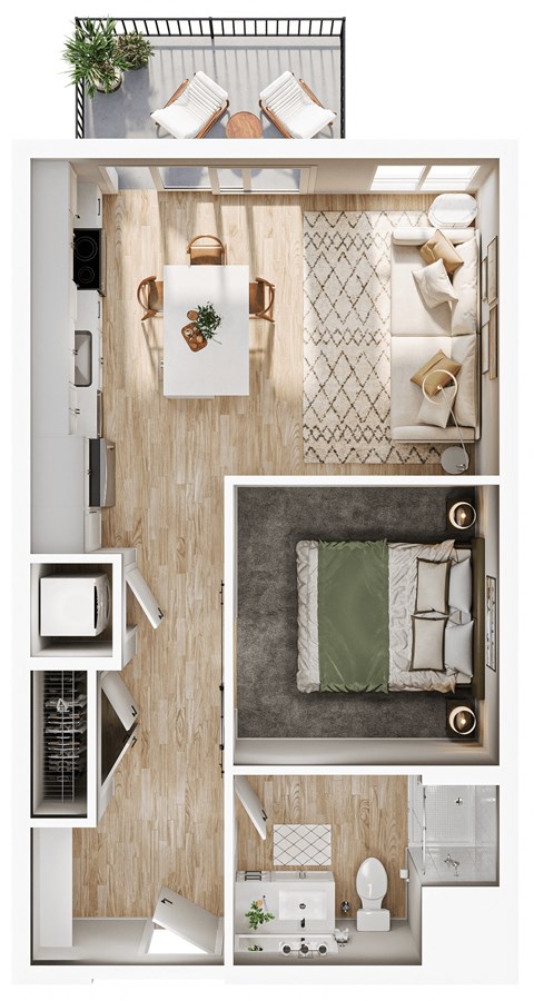 an overhead view of a bedroom with a bathroom and a living room