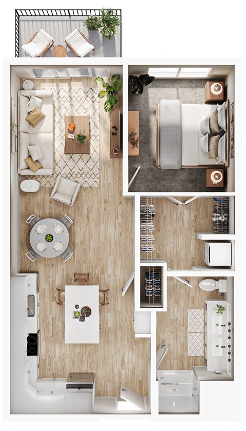 a stylized floor plan of a house with a bedroom and a living room