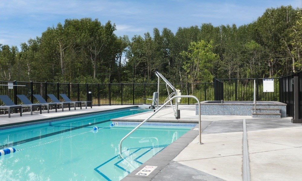 A swimming pool surrounded by a black fence and trees.