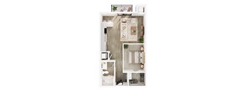 A top-down view of a small apartment with a kitchen, living room, and bathroom.
