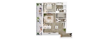 A top-down view of a modern apartment layout with a kitchen, living room, and bathroom.