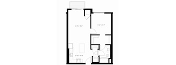 A floor plan for a one bedroom apartment in Basswood building by Arris Apartments.