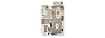A top-down view of a small apartment with a kitchen, living room, and bathroom.