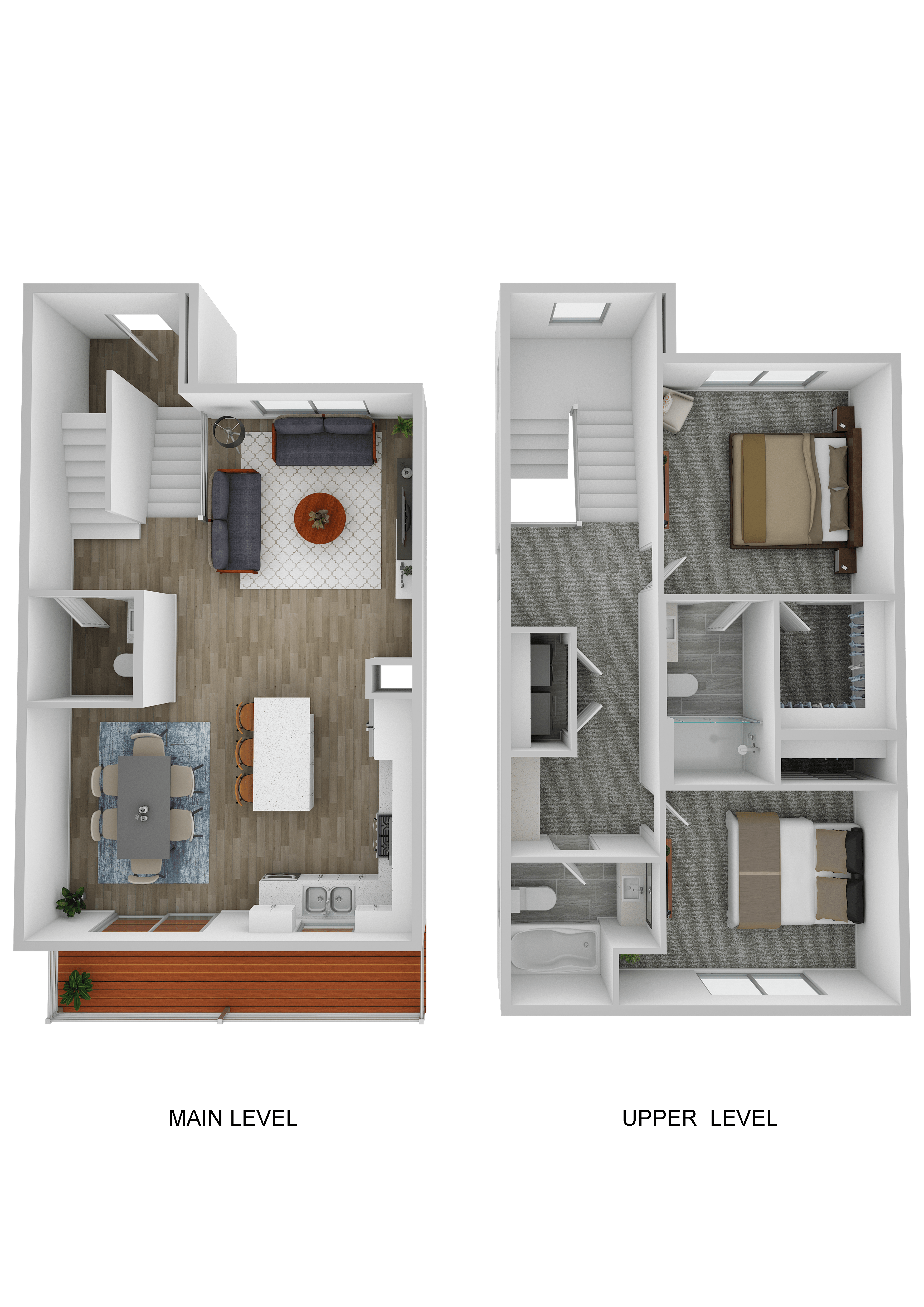 A floor plan of a two-level apartment with a main and upper level.