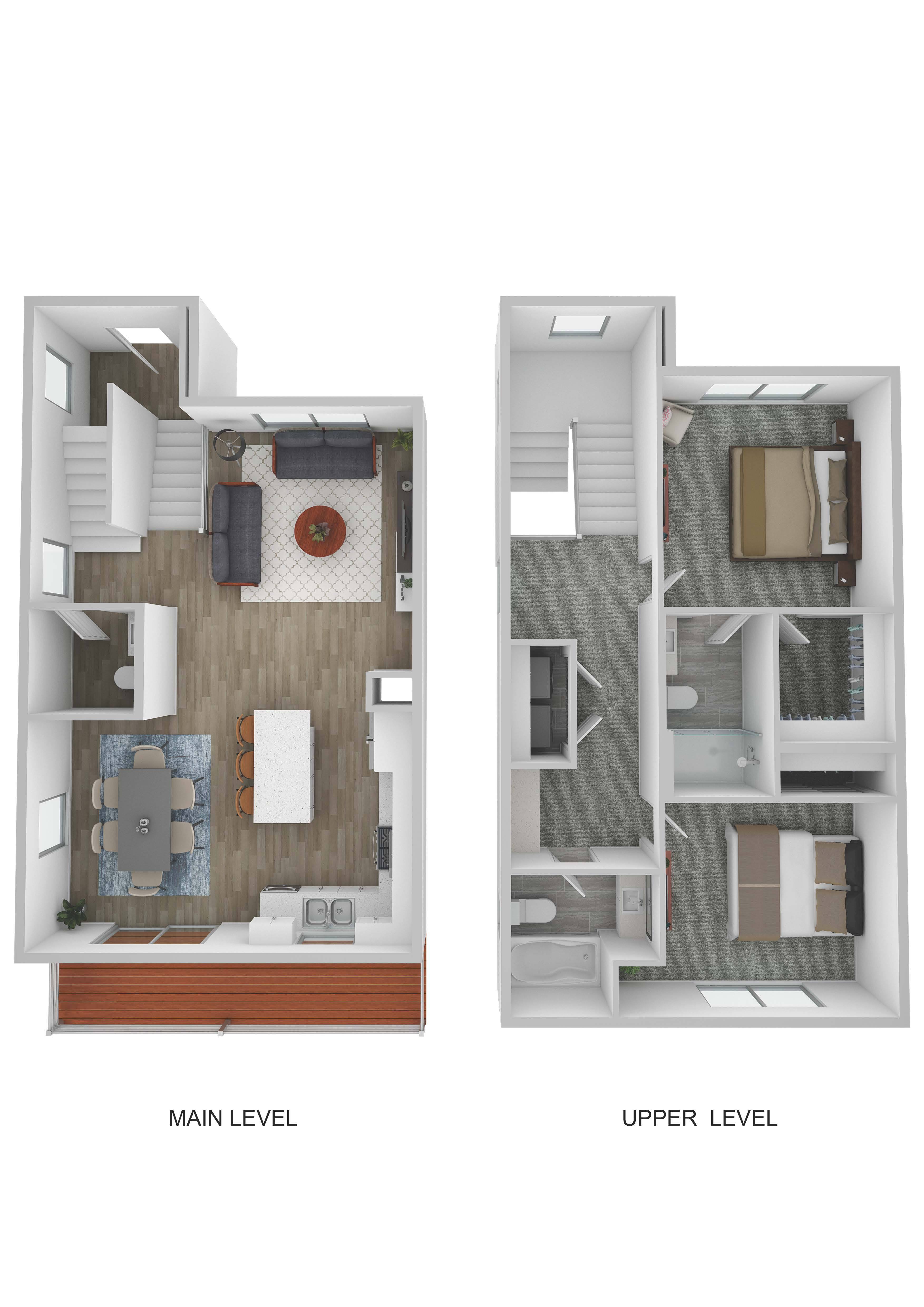 A floor plan of a two-level apartment with a main and upper level.