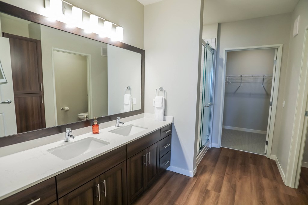 a bathroom with two sinks and a mirror and a shower