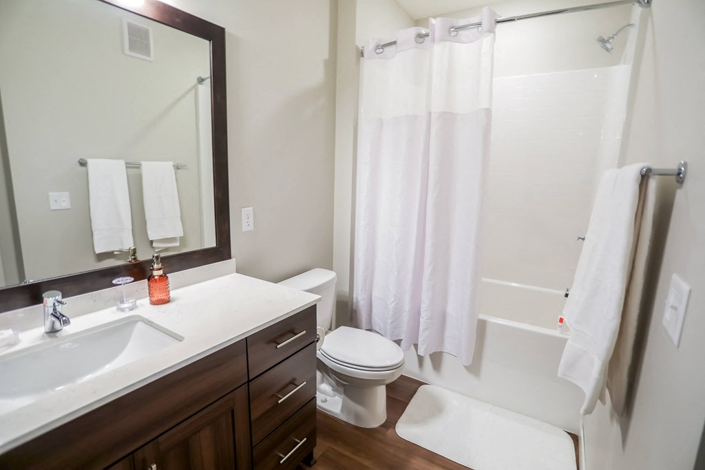 a bathroom with a sink toilet and shower and a mirror