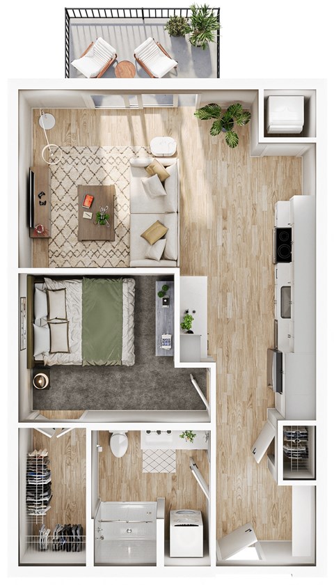 a drawing of the top view of a bedroom with a bed and a bathroom