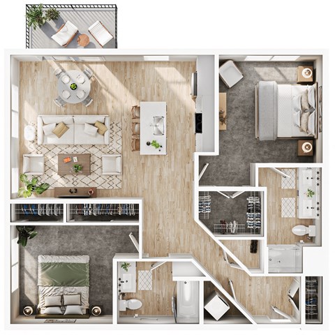 an overhead view of a bedroom with a living room and a dining room