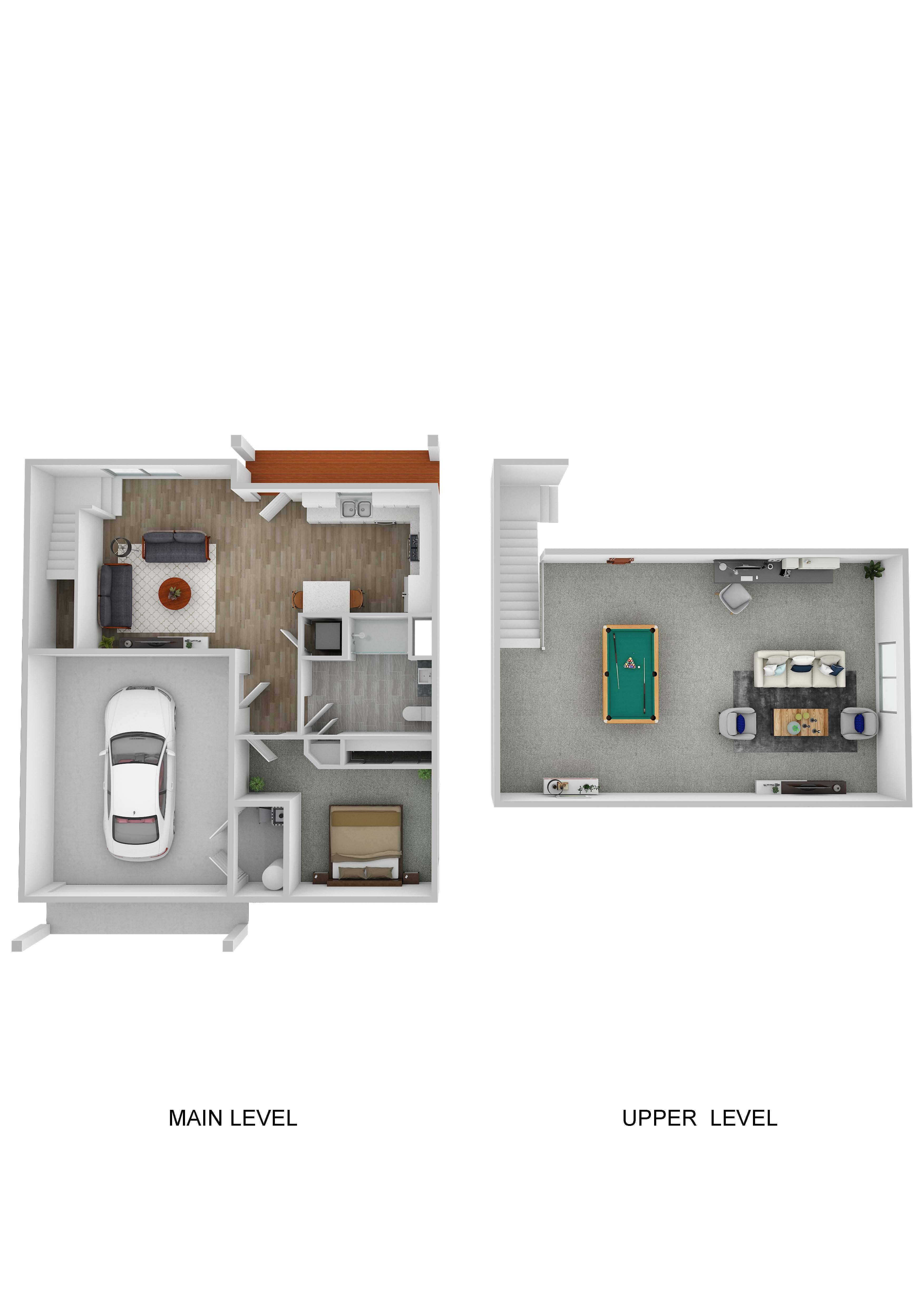 A diagram of a two-level apartment with the main level on the left and the upper level on the right.