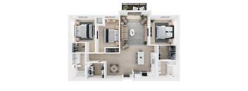 A top-down view of a house layout with a living room, kitchen, dining room, and bedrooms.