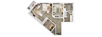 A top-down view of a modern apartment layout.