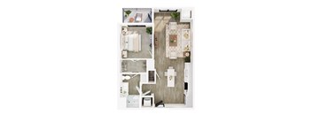 A top-down view of a small, neatly organized kitchen and living room.