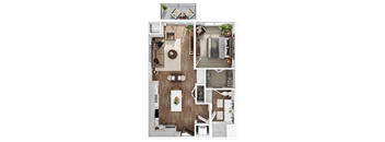 a drawing of a bedroom with a living room and a dining room