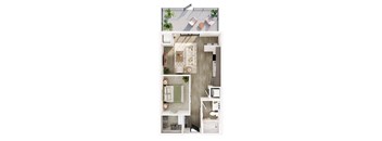 A top-down view of a small apartment with a kitchen, living room, and bathroom.