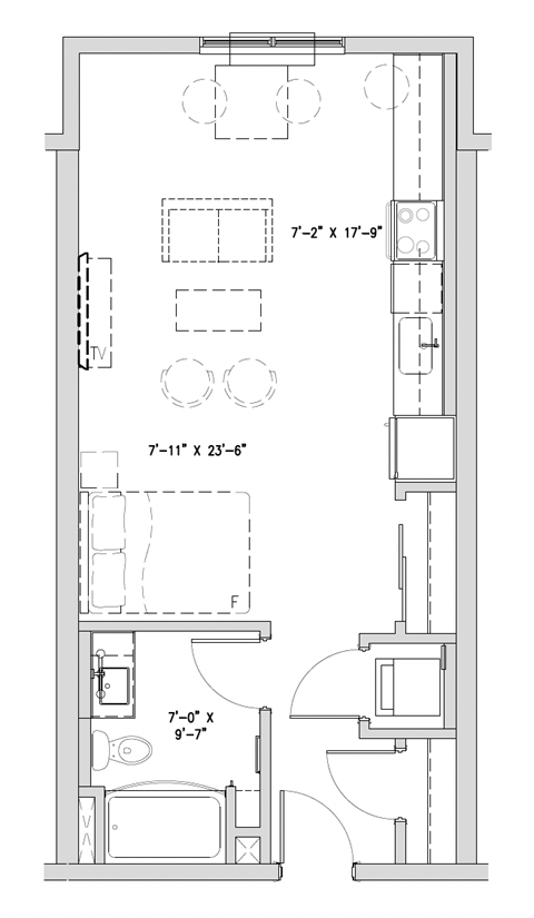 a floor plan of a small house with a bedroom and a living room