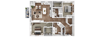 a 3d floor plan of a house with a bedroom and a living room