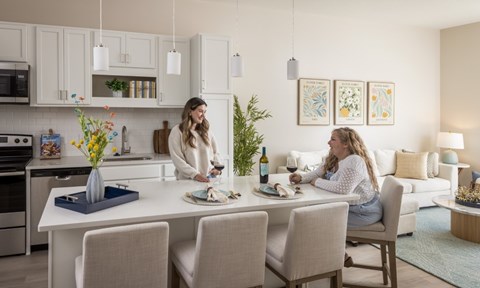 Two women are sitting at a table in a modern kitchen.