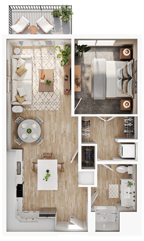 a stylized floor plan of a house with a bedroom and a living room