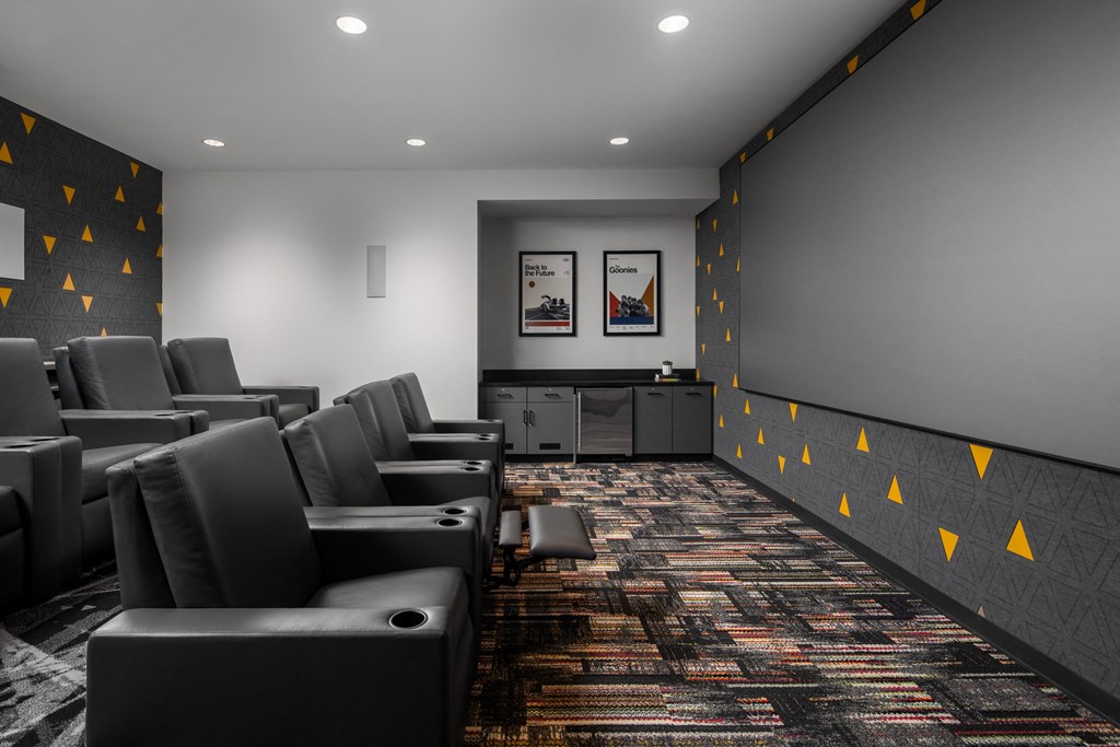 a large screening room with leather chairs and a colorful rug