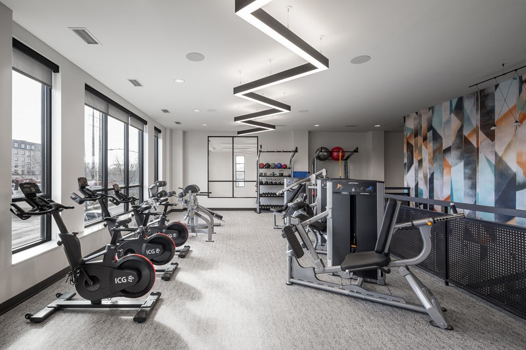 a gym with weights and cardio machines on the floor and large windows