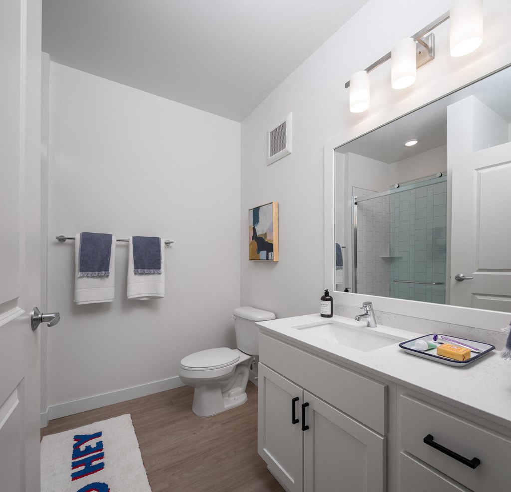 a bathroom with a large mirror and a toilet and a sink