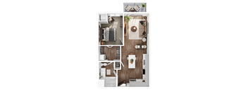 a 3d rendering of a living room with a bedroom