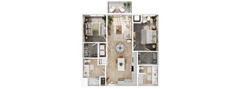 3d floor plan of a bedroom and living room