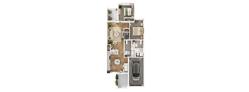a 3d rendering of a bedroom floor plan with a car and a living room